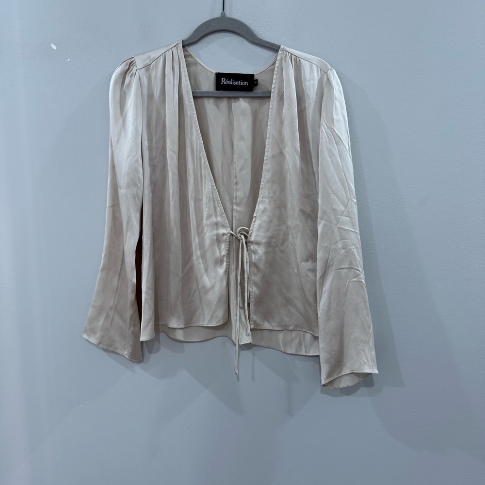 Silk Tie-Front Women's Bianca Top in Cream - Picture 6 of 9